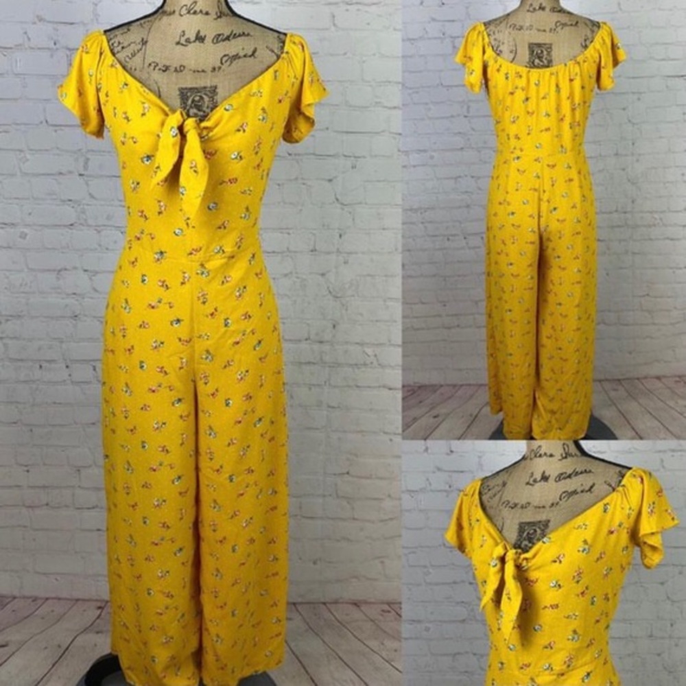 Shinestar Yellow Floral Print Front Ties Wide Leg Jumpsuit